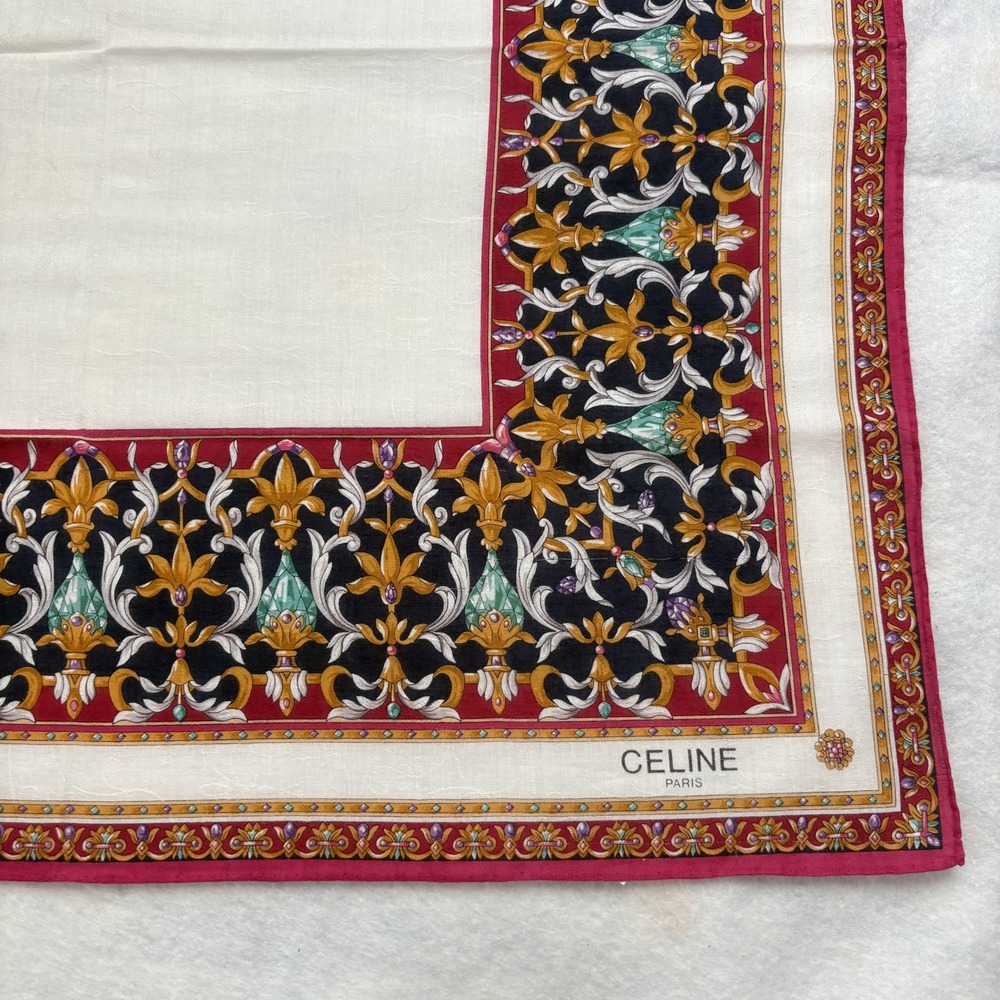 CELINE Paris Scarf Baroque Fleur-de-Lis Border White Burgundy Accessory 20"